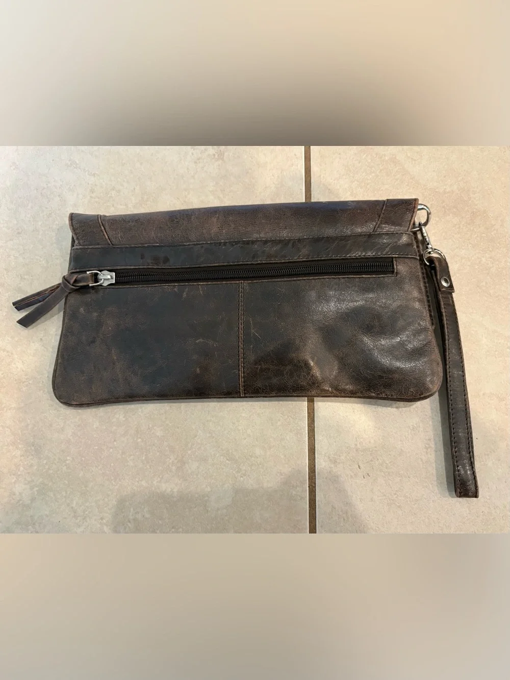 Distressed Brown Leather Foldover Clutch Wristlet with Map Print Lining